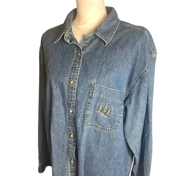 Woolrich Womens VTG Embroidered Denim Jean Shirt XL Medium Blue Trees Winter - Picture 6 of 16